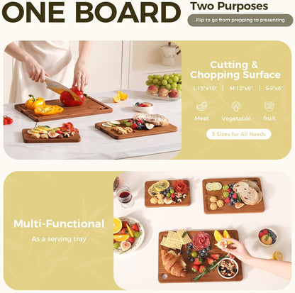 Bamboo Cutting Board for Kitchen – 3-Piece Wooden Boards with Juice Grooves, Side Handles, Non-Slip Mats – Perfect for Meat, Veggies, Fruit – Ideal Kitchen Gift