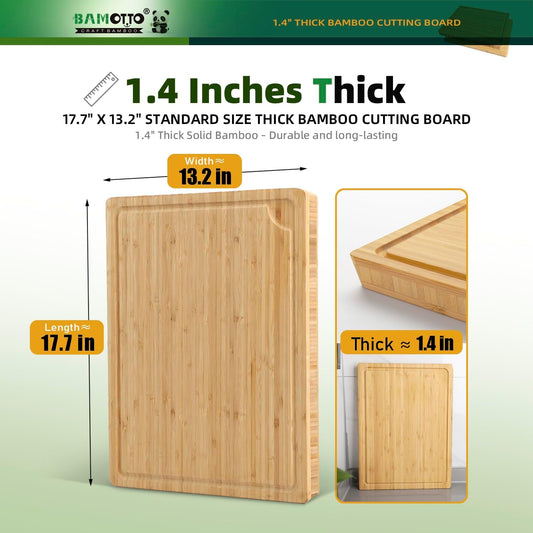 1.4" Thick Bamboo Cutting Board Butcher Block 17.7x13.2 | Heavy Duty | Juice Groove | Meat & Turkey & Ribs | Reversible | 100% Organic Bamboo