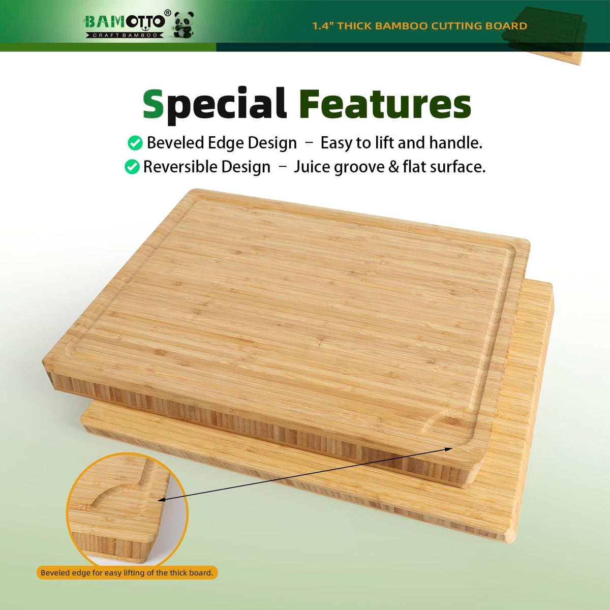 1.4" Thick Bamboo Cutting Board Butcher Block 17.7x13.2 | Heavy Duty | Juice Groove | Meat & Turkey & Ribs | Reversible | 100% Organic Bamboo