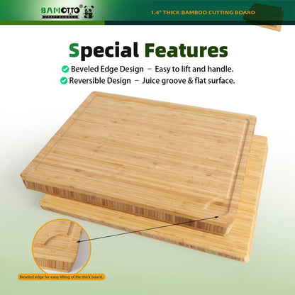 1.4" Thick Bamboo Cutting Board Butcher Block 17.7x13.2 | Heavy Duty | Juice Groove | Meat & Turkey & Ribs | Reversible | 100% Organic Bamboo