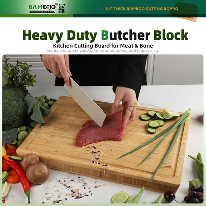 1.4" Thick Bamboo Cutting Board Butcher Block 17.7x13.2 | Heavy Duty | Juice Groove | Meat & Turkey & Ribs | Reversible | 100% Organic Bamboo