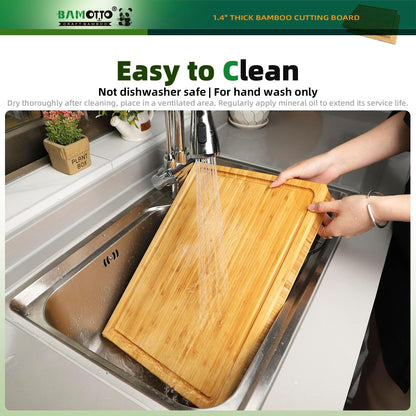 1.4" Thick Bamboo Cutting Board Butcher Block 17.7x13.2 | Heavy Duty | Juice Groove | Meat & Turkey & Ribs | Reversible | 100% Organic Bamboo