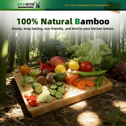 1.4" Thick Bamboo Cutting Board Butcher Block 17.7x13.2 | Heavy Duty | Juice Groove | Meat & Turkey & Ribs | Reversible | 100% Organic Bamboo