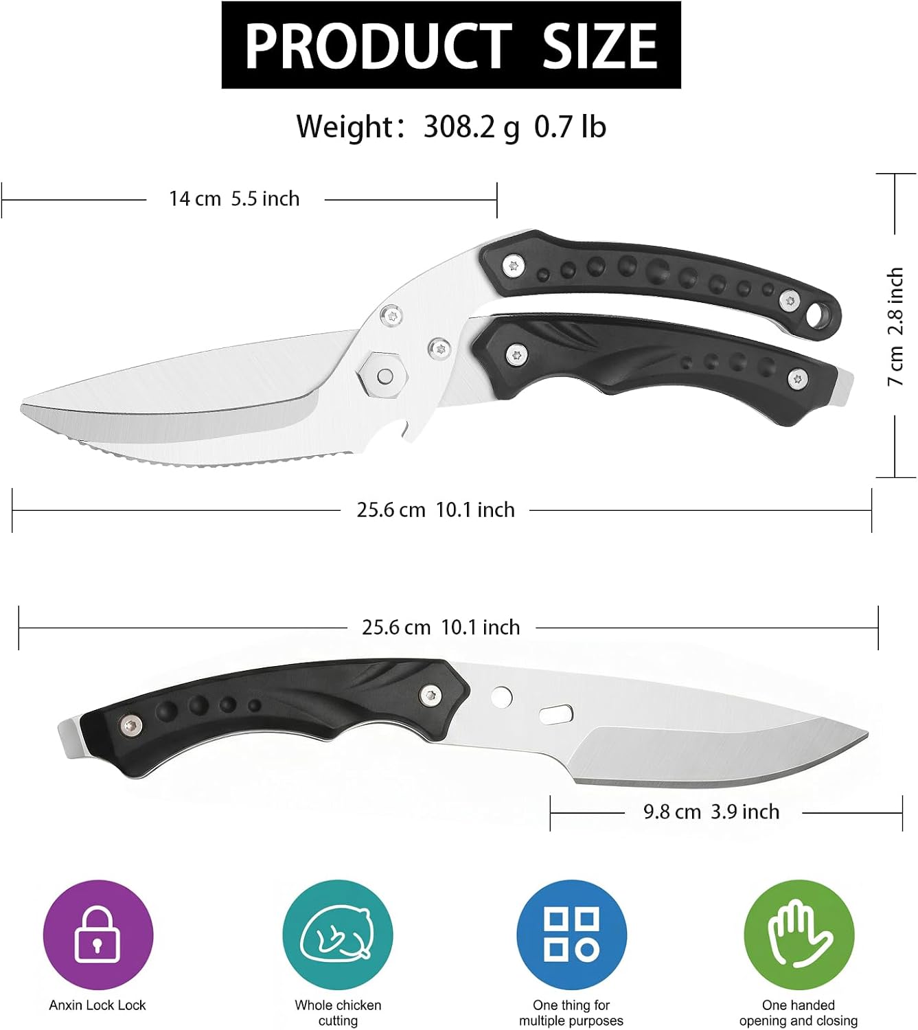 Detachable Heavy Duty Poultry Shears, 10" Stainless Steel Chicken Bone Scissors, 309g Professional Kitchen Shears for Meat Cutting, Take-Apart Poultry Scissors with Safety Lock
