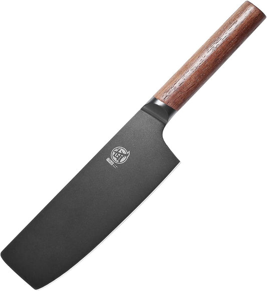 7-Inch Japanese Nakiri Knife, Black Titanium Coated | Flat Nakiri edge for vegetable push cuts, black titanium coating, German alloy steel, walnut handle