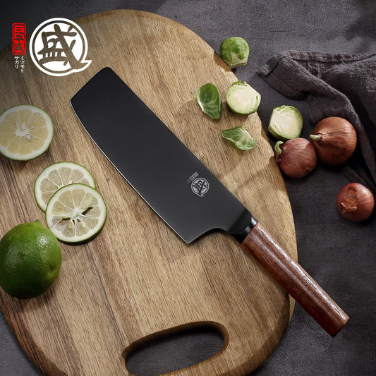 7-Inch Japanese Nakiri Knife, Black Titanium Coated | Flat Nakiri edge for vegetable push cuts, black titanium coating, German alloy steel, walnut handle