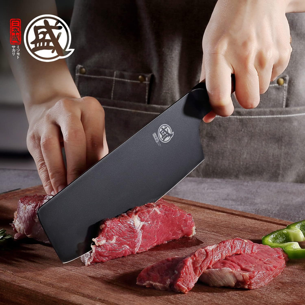 7-Inch Japanese Nakiri Knife, Black Titanium Coated | Flat Nakiri edge for vegetable push cuts, black titanium coating, German alloy steel, walnut handle