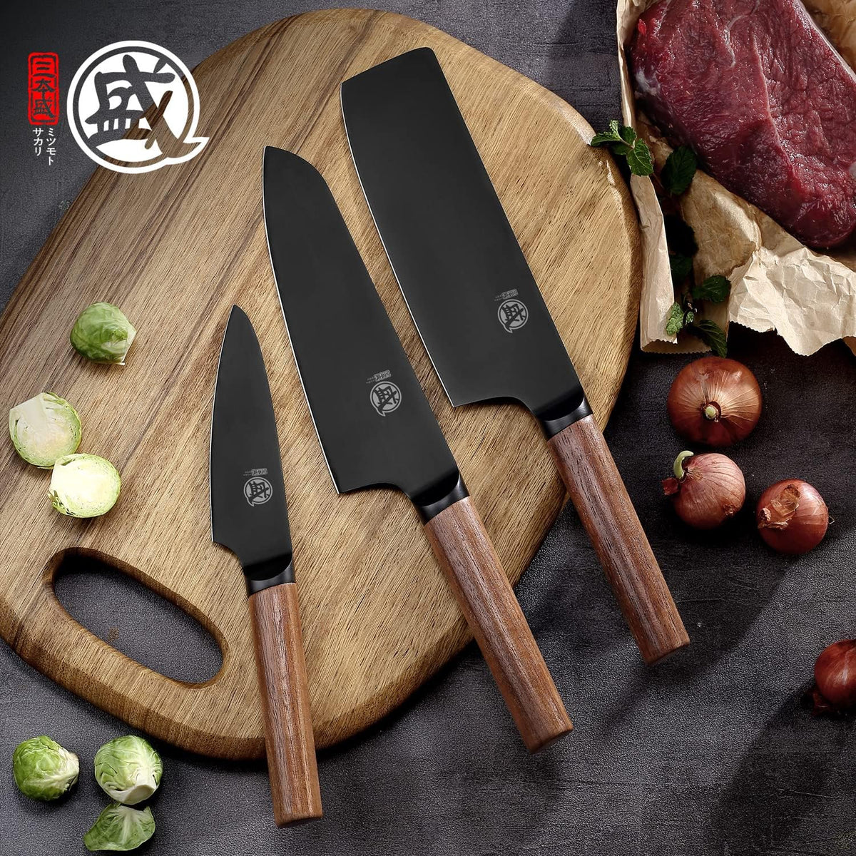 7-Inch Japanese Nakiri Knife, Black Titanium Coated | Flat Nakiri edge for vegetable push cuts, black titanium coating, German alloy steel, walnut handle