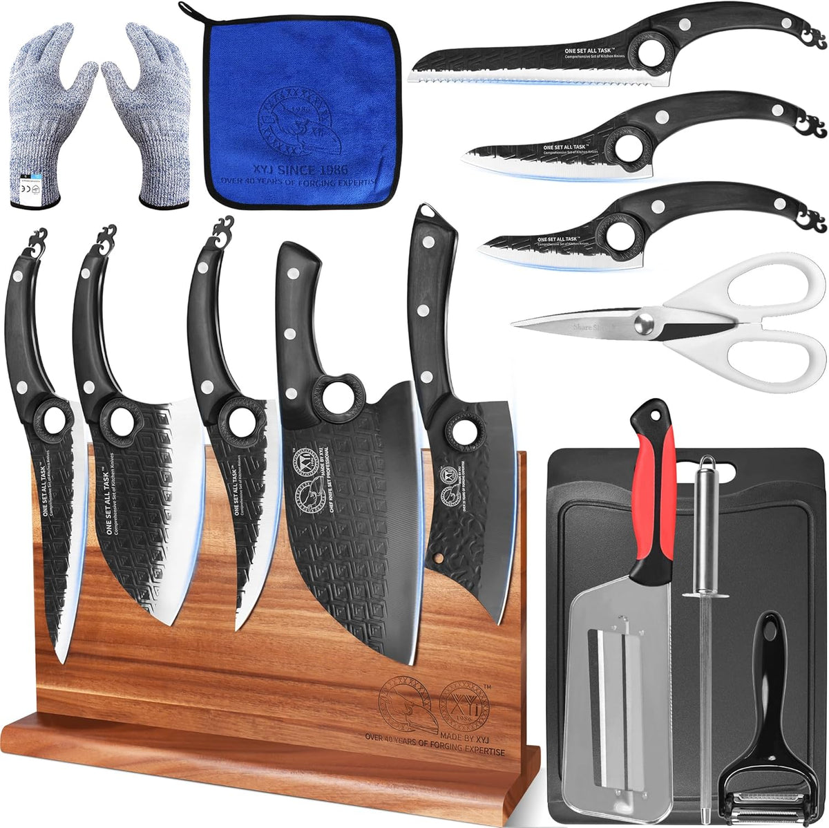 Kitchen Knives Set with Magnetic Knife Block, Cutting Board, Sharpener Rod, Scissors, Gloves, High Carbon Steel Blades, Bread Slicing Cleaver Vegetable Butcher Cooking Chef Knives
