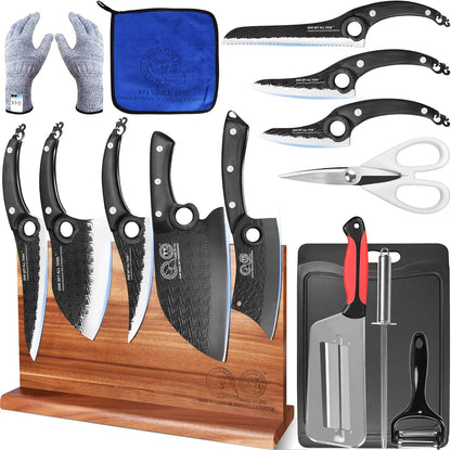 Kitchen Knives Set with Magnetic Knife Block, Cutting Board, Sharpener Rod, Scissors, Gloves, High Carbon Steel Blades, Bread Slicing Cleaver Vegetable Butcher Cooking Chef Knives
