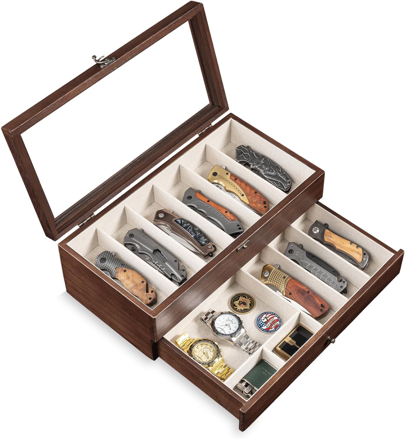Knife Display Case, 2-Layer Pocket Knife Case Display & Storage Knives, Solid Wood Knife Case for Collections, Gift for Boyfriend Fathers Day Birthday Gifts((Walnut)