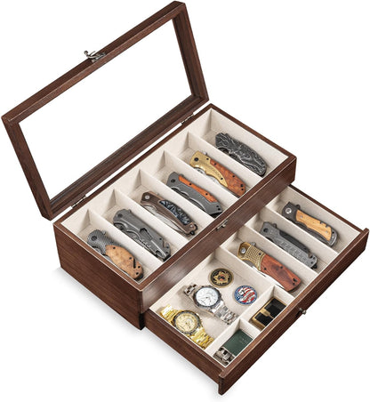 Knife Display Case, 2-Layer Pocket Knife Case Display & Storage Knives, Solid Wood Knife Case for Collections, Gift for Boyfriend Fathers Day Birthday Gifts((Walnut)