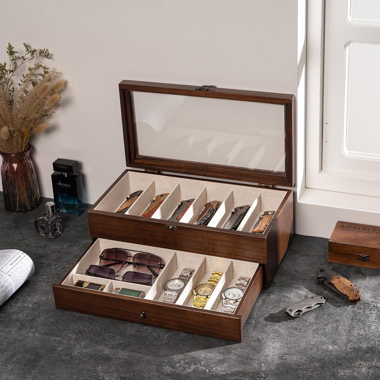Knife Display Case, 2-Layer Pocket Knife Case Display & Storage Knives, Solid Wood Knife Case for Collections, Gift for Boyfriend Fathers Day Birthday Gifts((Walnut)