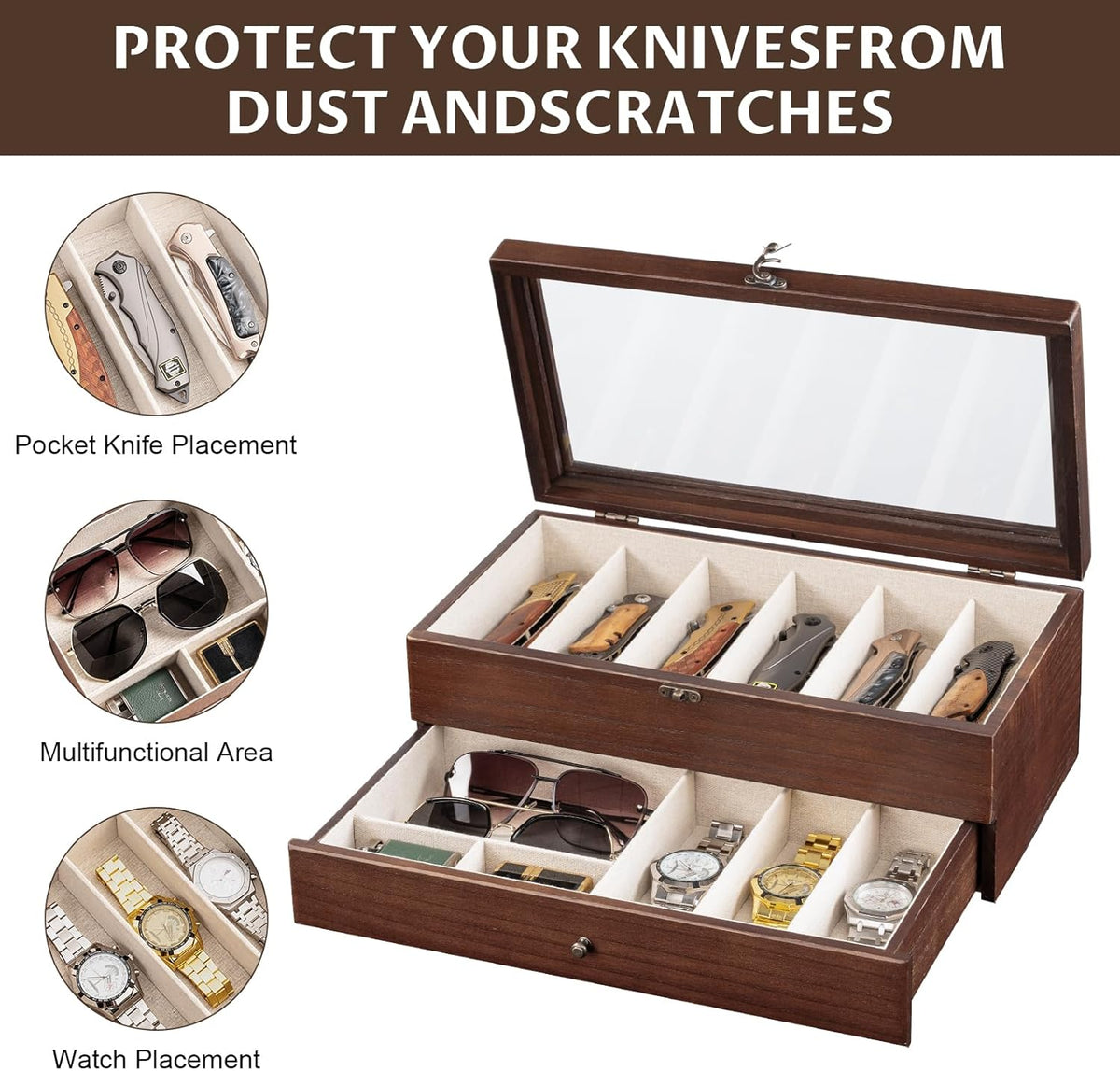Knife Display Case, 2-Layer Pocket Knife Case Display & Storage Knives, Solid Wood Knife Case for Collections, Gift for Boyfriend Fathers Day Birthday Gifts((Walnut)