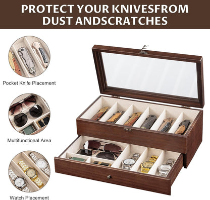 Knife Display Case, 2-Layer Pocket Knife Case Display & Storage Knives, Solid Wood Knife Case for Collections, Gift for Boyfriend Fathers Day Birthday Gifts((Walnut)