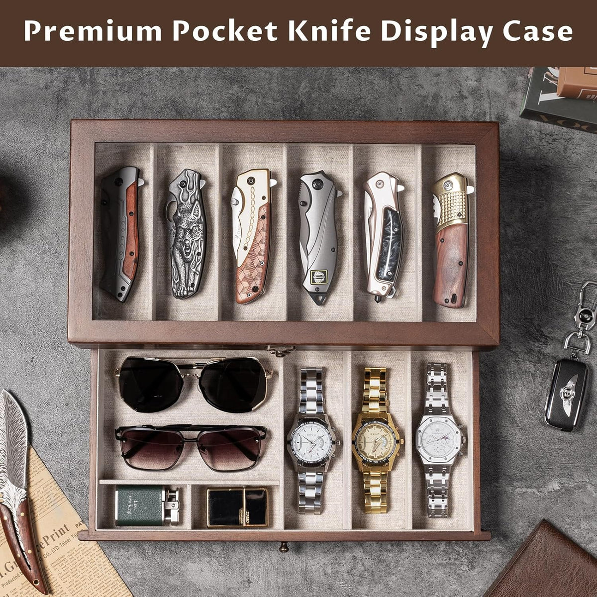 Knife Display Case, 2-Layer Pocket Knife Case Display & Storage Knives, Solid Wood Knife Case for Collections, Gift for Boyfriend Fathers Day Birthday Gifts((Walnut)