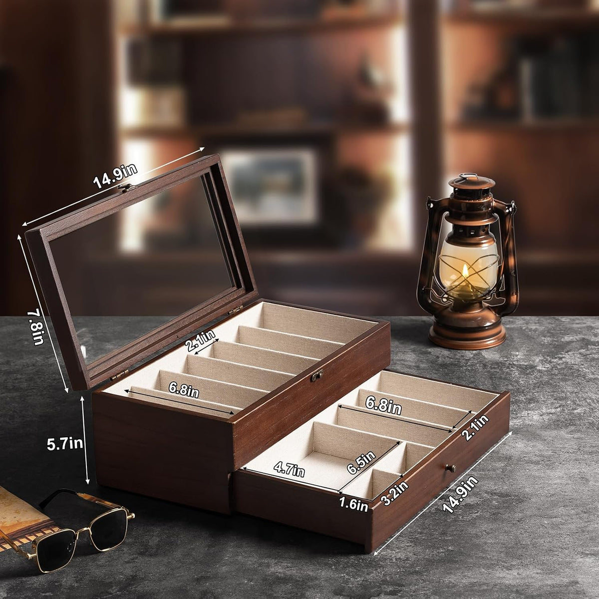 Knife Display Case, 2-Layer Pocket Knife Case Display & Storage Knives, Solid Wood Knife Case for Collections, Gift for Boyfriend Fathers Day Birthday Gifts((Walnut)