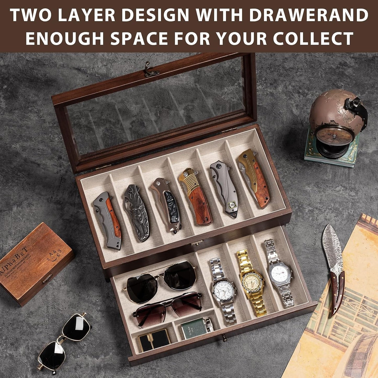 Knife Display Case, 2-Layer Pocket Knife Case Display & Storage Knives, Solid Wood Knife Case for Collections, Gift for Boyfriend Fathers Day Birthday Gifts((Walnut)