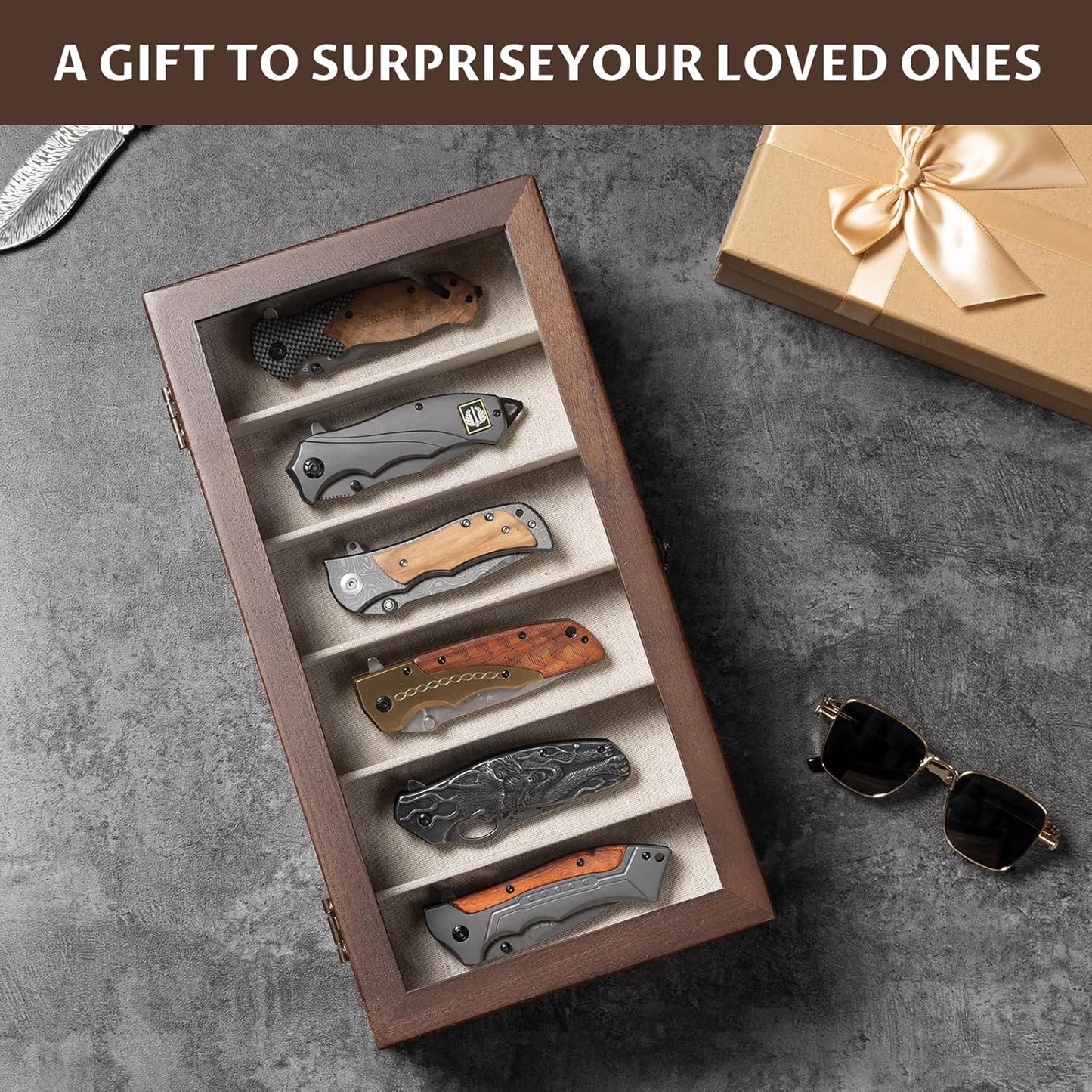 Knife Display Case, 2-Layer Pocket Knife Case Display & Storage Knives, Solid Wood Knife Case for Collections, Gift for Boyfriend Fathers Day Birthday Gifts((Walnut)