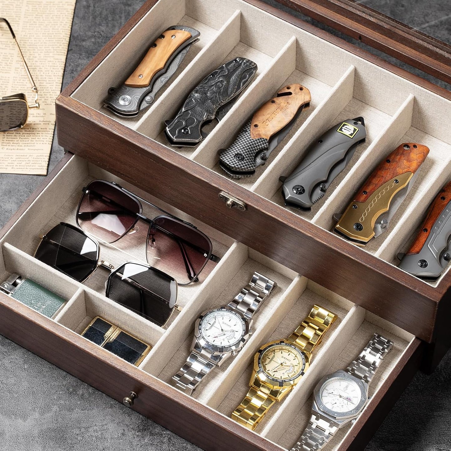 Knife Display Case, 2-Layer Pocket Knife Case Display & Storage Knives, Solid Wood Knife Case for Collections, Gift for Boyfriend Fathers Day Birthday Gifts((Walnut)