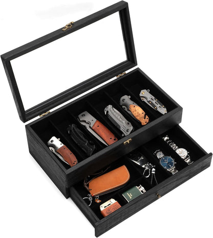 Knife Display Case, 2-Layer Pocket Knife Case Display & Storage Knives, Solid Wood Knife Case for Collections, Gift for Boyfriend Fathers Day Birthday Gifts((Walnut)