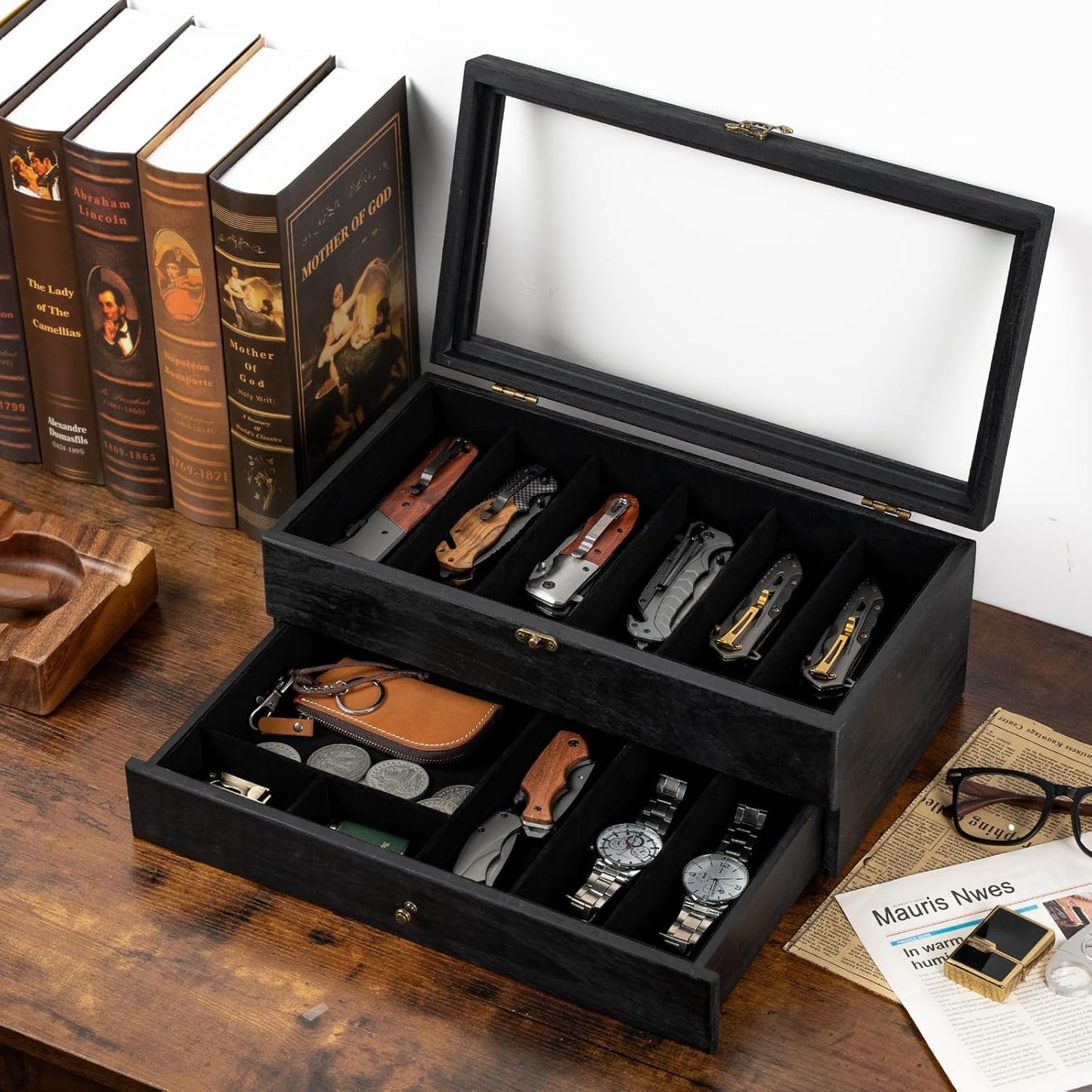 Knife Display Case, 2-Layer Pocket Knife Case Display & Storage Knives, Solid Wood Knife Case for Collections, Gift for Boyfriend Fathers Day Birthday Gifts((Walnut)