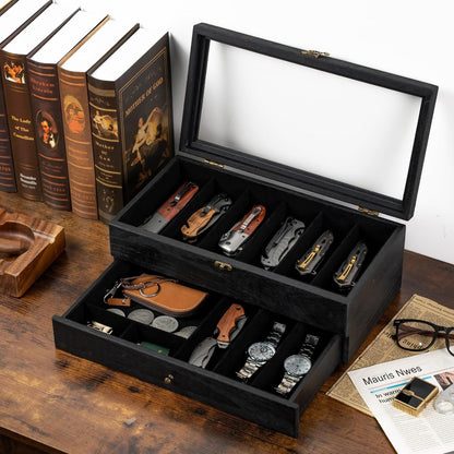 Knife Display Case, 2-Layer Pocket Knife Case Display & Storage Knives, Solid Wood Knife Case for Collections, Gift for Boyfriend Fathers Day Birthday Gifts((Walnut)