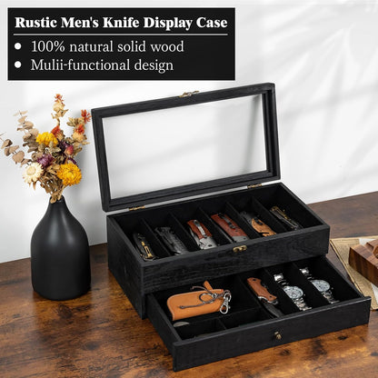 Knife Display Case, 2-Layer Pocket Knife Case Display & Storage Knives, Solid Wood Knife Case for Collections, Gift for Boyfriend Fathers Day Birthday Gifts((Walnut)