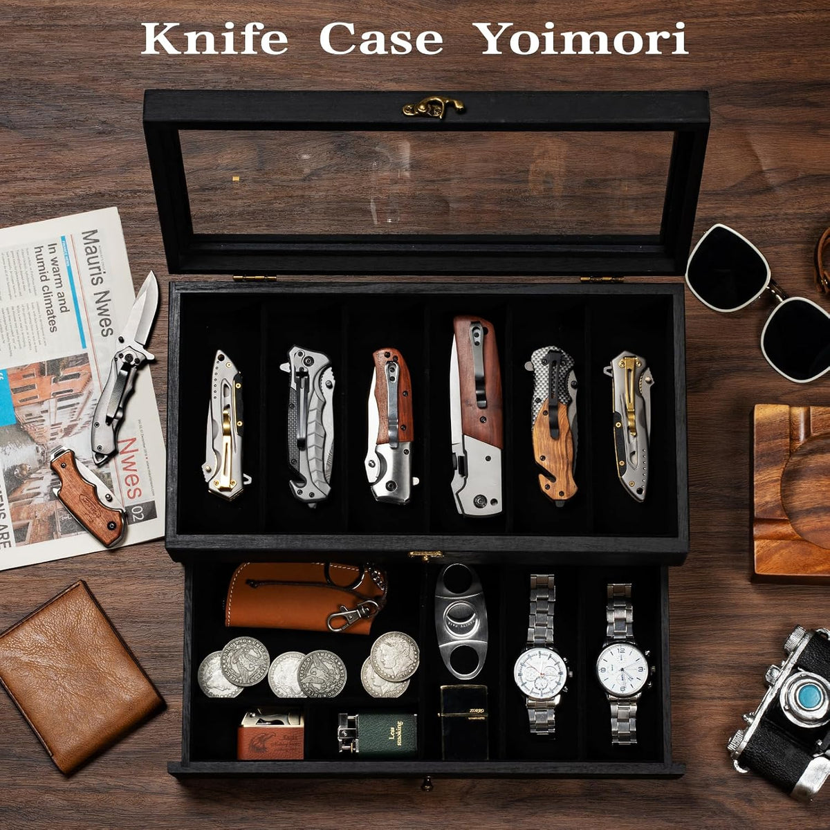 Knife Display Case, 2-Layer Pocket Knife Case Display & Storage Knives, Solid Wood Knife Case for Collections, Gift for Boyfriend Fathers Day Birthday Gifts((Walnut)