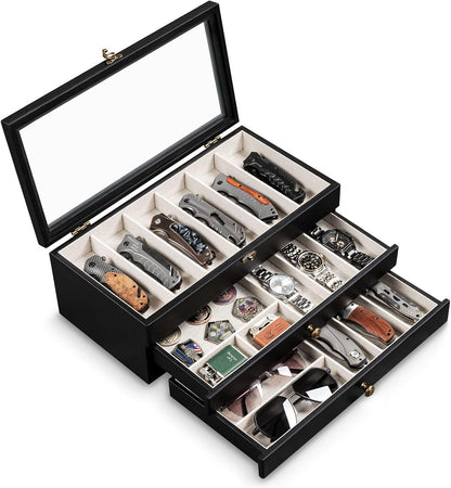 Knife Display Case, 2-Layer Pocket Knife Case Display & Storage Knives, Solid Wood Knife Case for Collections, Gift for Boyfriend Fathers Day Birthday Gifts((Walnut)