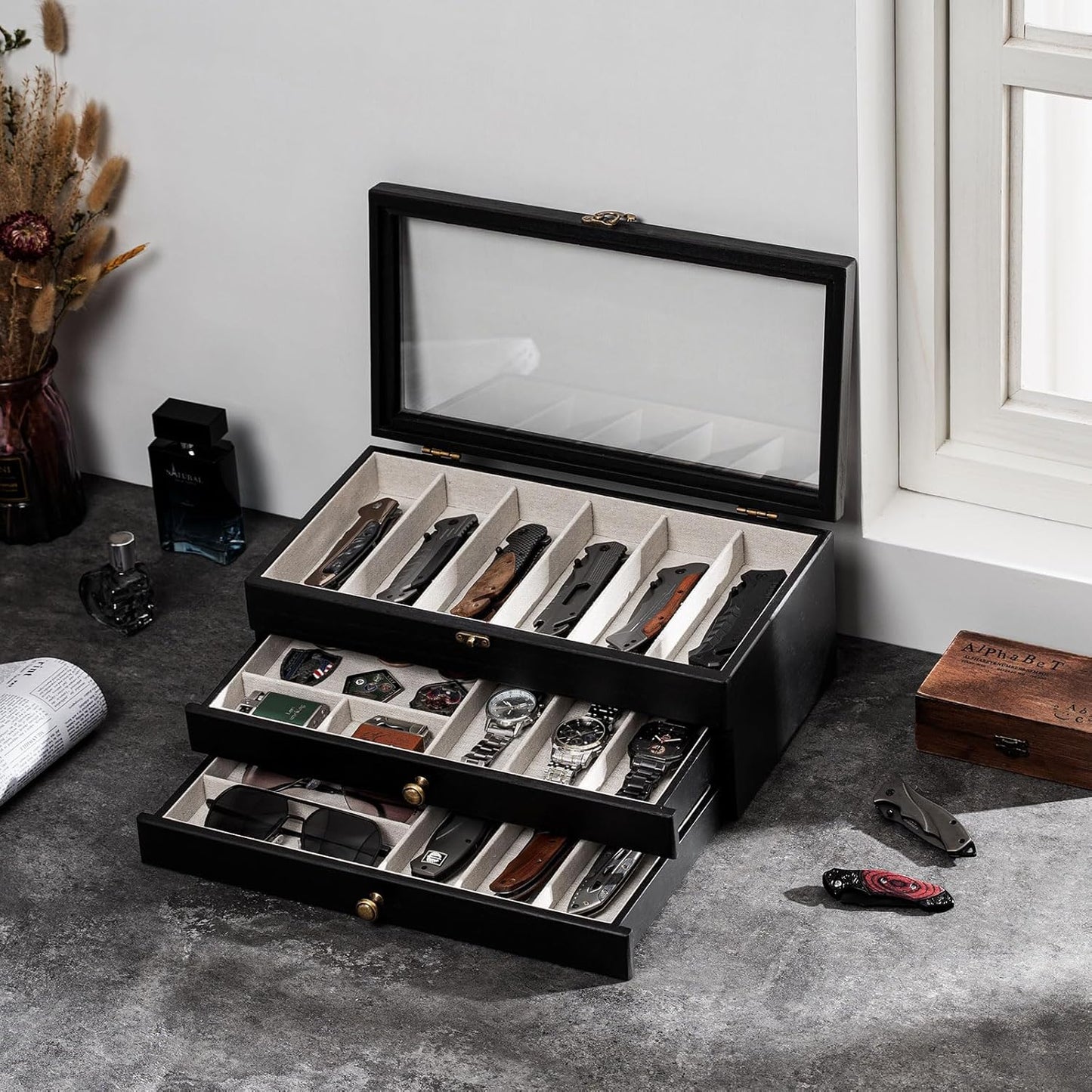 Knife Display Case, 2-Layer Pocket Knife Case Display & Storage Knives, Solid Wood Knife Case for Collections, Gift for Boyfriend Fathers Day Birthday Gifts((Walnut)
