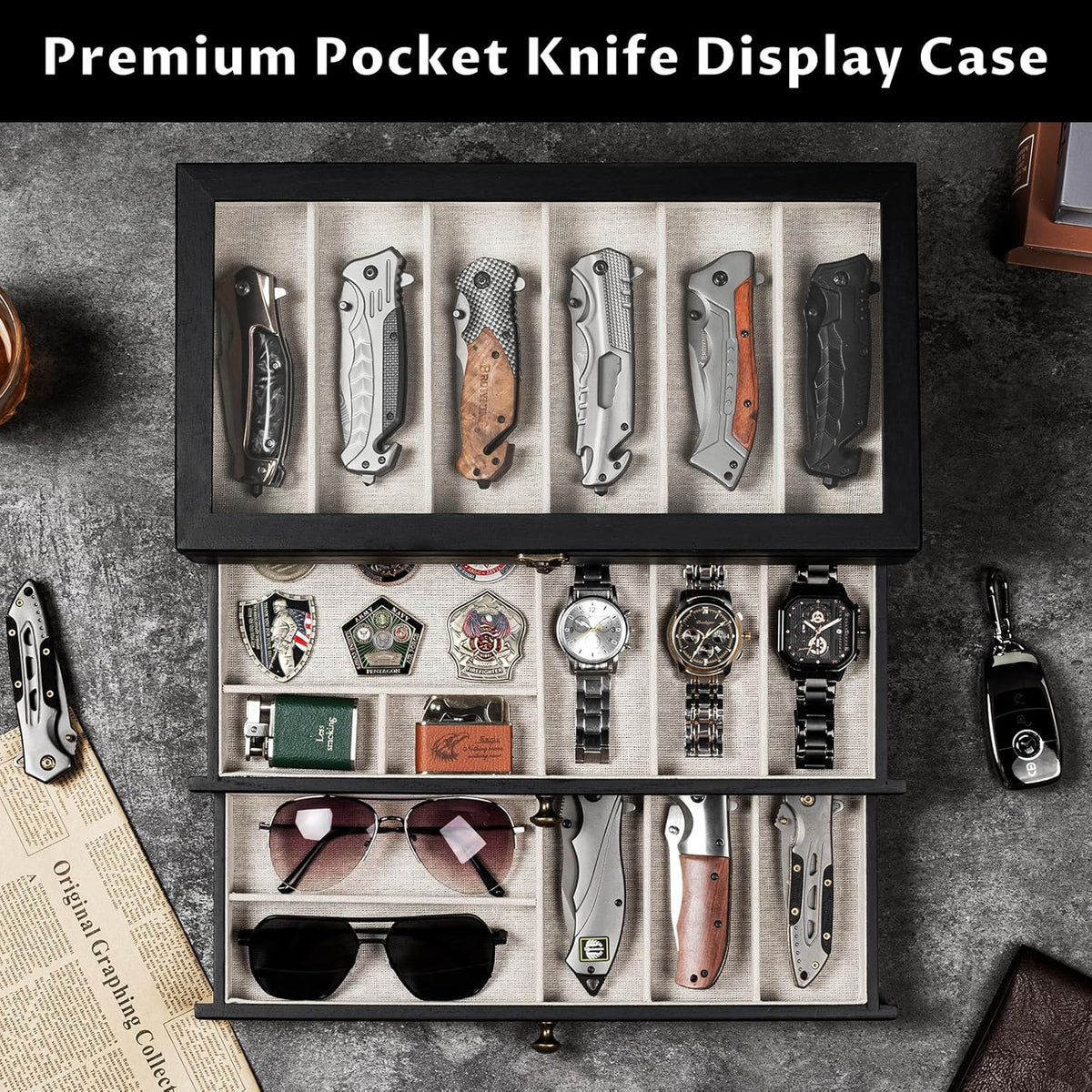 Knife Display Case, 2-Layer Pocket Knife Case Display & Storage Knives, Solid Wood Knife Case for Collections, Gift for Boyfriend Fathers Day Birthday Gifts((Walnut)