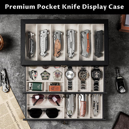 Knife Display Case, 2-Layer Pocket Knife Case Display & Storage Knives, Solid Wood Knife Case for Collections, Gift for Boyfriend Fathers Day Birthday Gifts((Walnut)