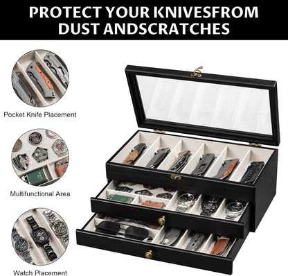 Knife Display Case, 2-Layer Pocket Knife Case Display & Storage Knives, Solid Wood Knife Case for Collections, Gift for Boyfriend Fathers Day Birthday Gifts((Walnut)