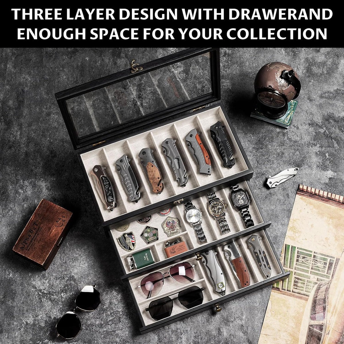 Knife Display Case, 2-Layer Pocket Knife Case Display & Storage Knives, Solid Wood Knife Case for Collections, Gift for Boyfriend Fathers Day Birthday Gifts((Walnut)
