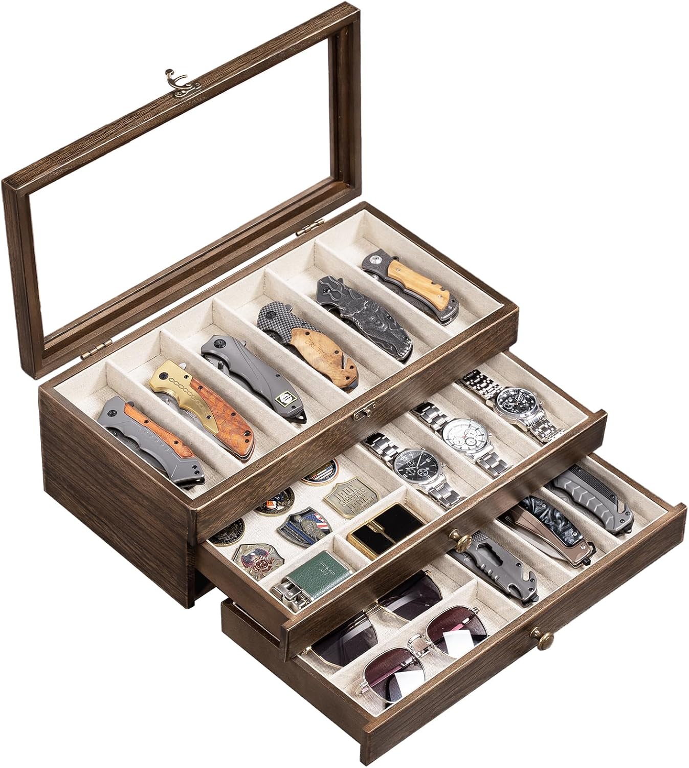 Knife Display Case, 2-Layer Pocket Knife Case Display & Storage Knives, Solid Wood Knife Case for Collections, Gift for Boyfriend Fathers Day Birthday Gifts((Walnut)