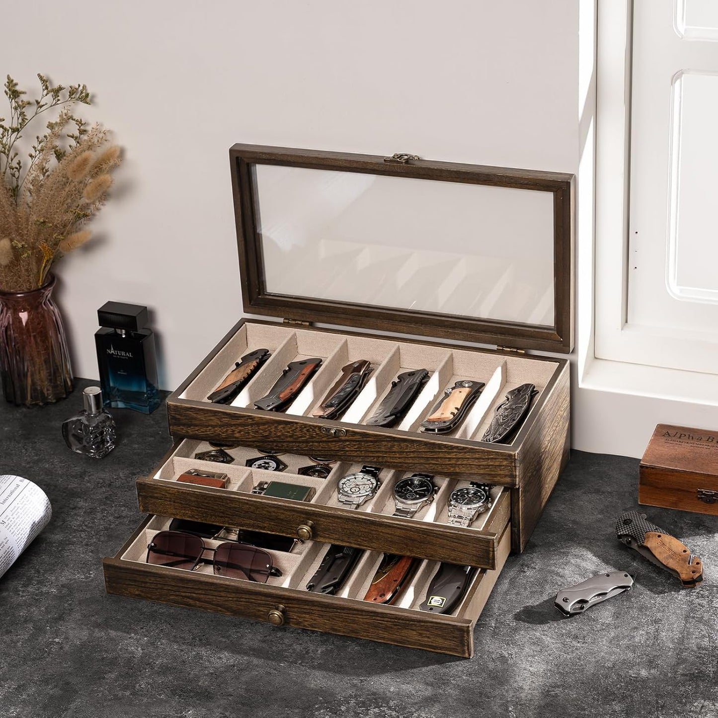 Knife Display Case, 2-Layer Pocket Knife Case Display & Storage Knives, Solid Wood Knife Case for Collections, Gift for Boyfriend Fathers Day Birthday Gifts((Walnut)