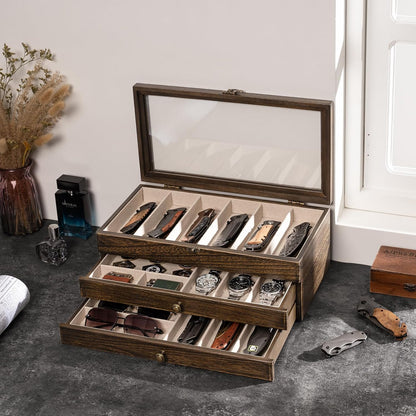 Knife Display Case, 2-Layer Pocket Knife Case Display & Storage Knives, Solid Wood Knife Case for Collections, Gift for Boyfriend Fathers Day Birthday Gifts((Walnut)