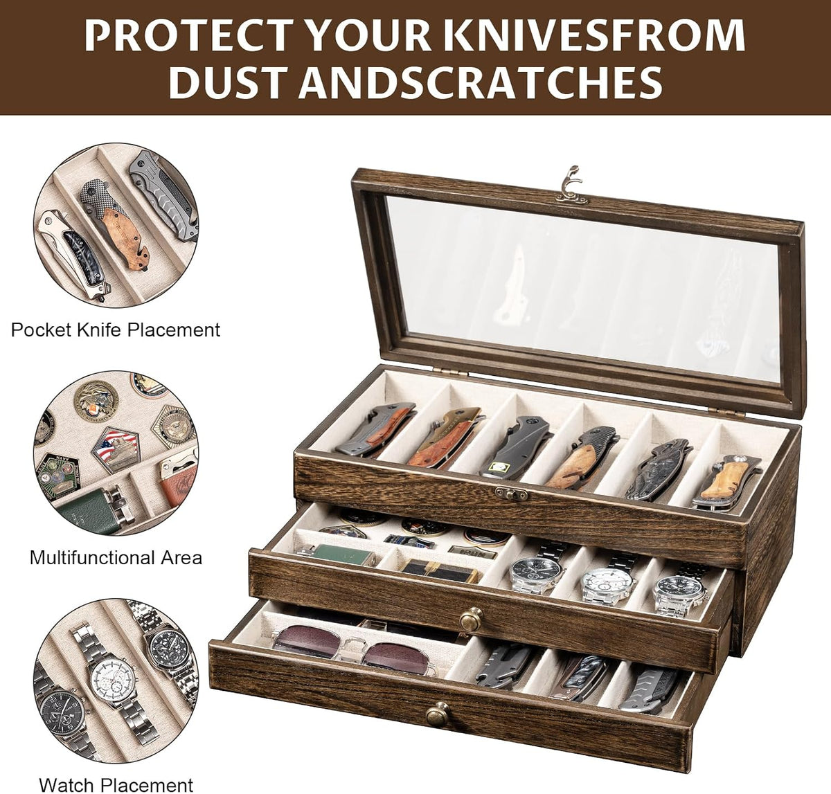 Knife Display Case, 2-Layer Pocket Knife Case Display & Storage Knives, Solid Wood Knife Case for Collections, Gift for Boyfriend Fathers Day Birthday Gifts((Walnut)