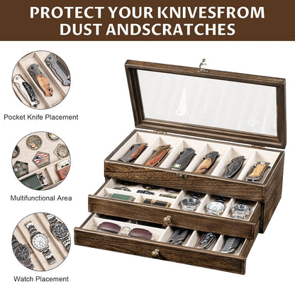 Knife Display Case, 2-Layer Pocket Knife Case Display & Storage Knives, Solid Wood Knife Case for Collections, Gift for Boyfriend Fathers Day Birthday Gifts((Walnut)