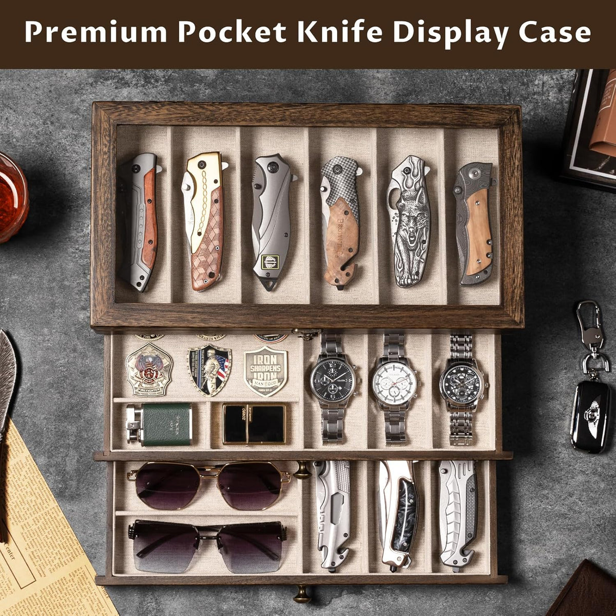 Knife Display Case, 2-Layer Pocket Knife Case Display & Storage Knives, Solid Wood Knife Case for Collections, Gift for Boyfriend Fathers Day Birthday Gifts((Walnut)