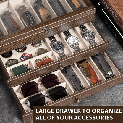 Knife Display Case, 2-Layer Pocket Knife Case Display & Storage Knives, Solid Wood Knife Case for Collections, Gift for Boyfriend Fathers Day Birthday Gifts((Walnut)