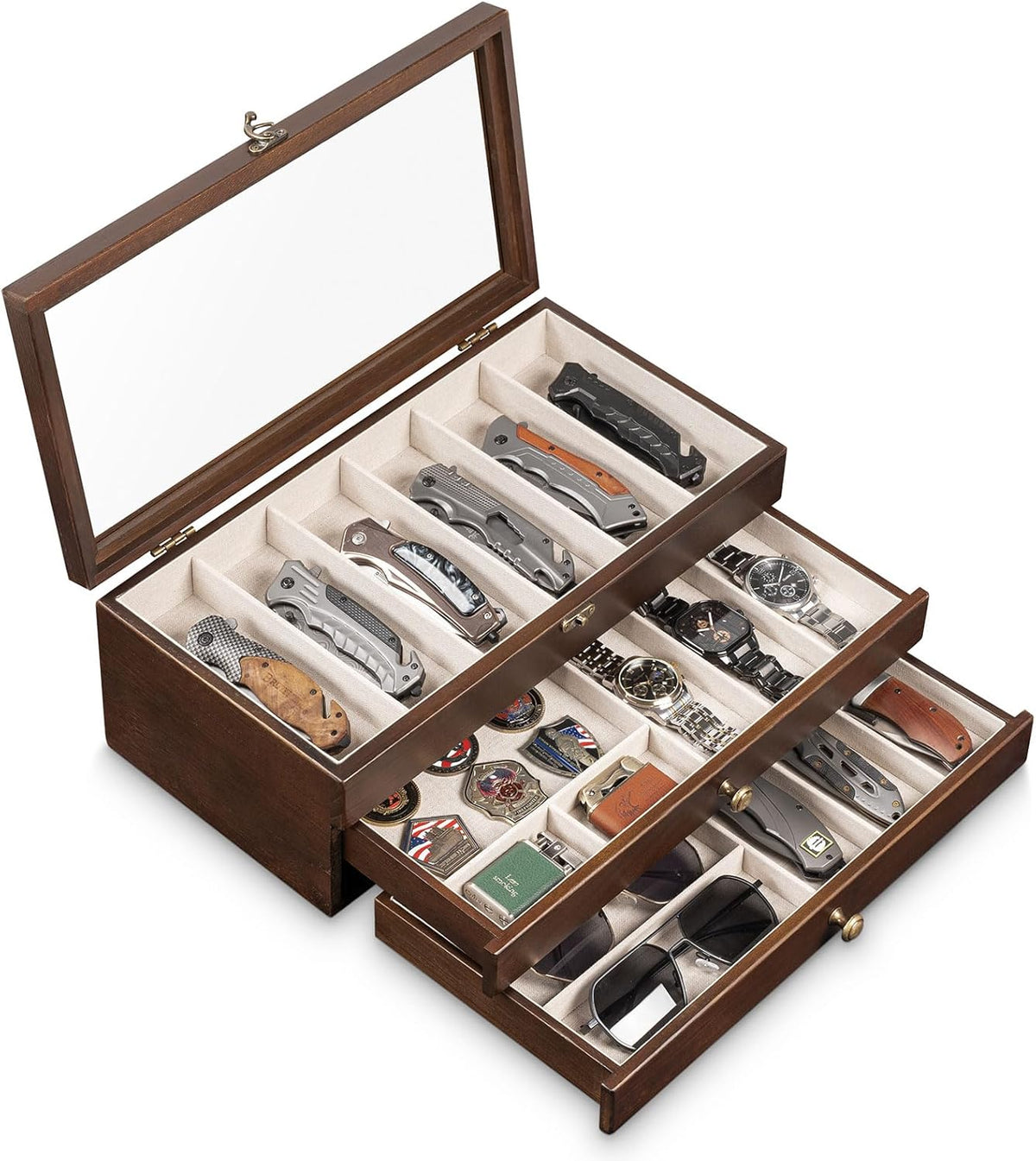 Knife Display Case, 2-Layer Pocket Knife Case Display & Storage Knives, Solid Wood Knife Case for Collections, Gift for Boyfriend Fathers Day Birthday Gifts((Walnut)