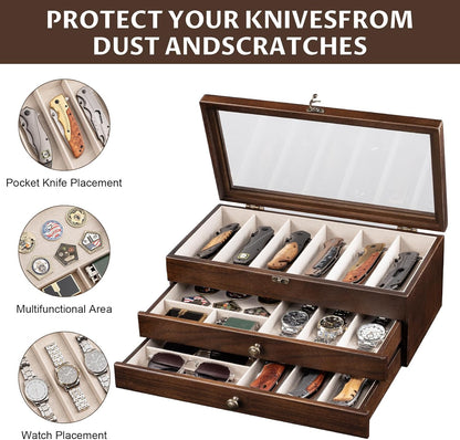 Knife Display Case, 2-Layer Pocket Knife Case Display & Storage Knives, Solid Wood Knife Case for Collections, Gift for Boyfriend Fathers Day Birthday Gifts((Walnut)