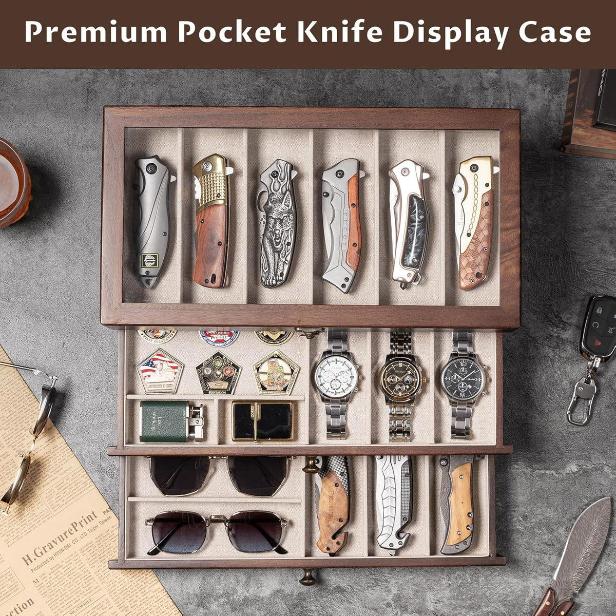 Knife Display Case, 2-Layer Pocket Knife Case Display & Storage Knives, Solid Wood Knife Case for Collections, Gift for Boyfriend Fathers Day Birthday Gifts((Walnut)