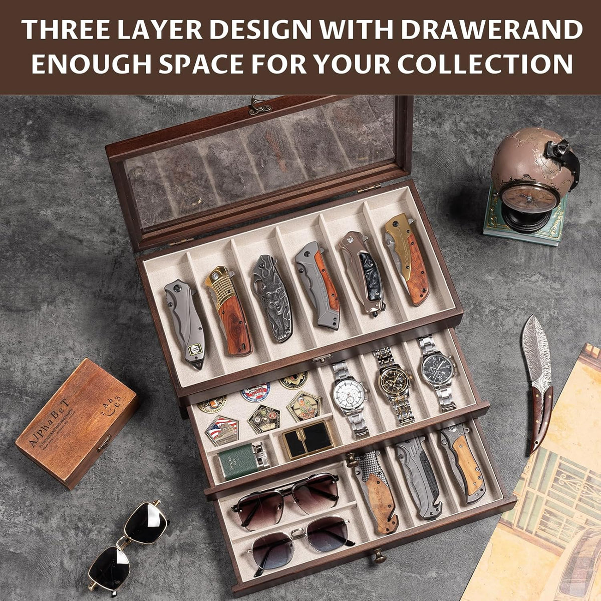 Knife Display Case, 2-Layer Pocket Knife Case Display & Storage Knives, Solid Wood Knife Case for Collections, Gift for Boyfriend Fathers Day Birthday Gifts((Walnut)