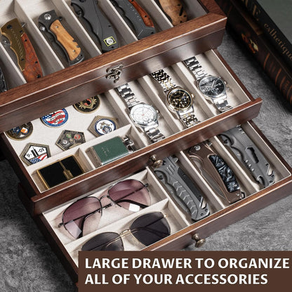 Knife Display Case, 2-Layer Pocket Knife Case Display & Storage Knives, Solid Wood Knife Case for Collections, Gift for Boyfriend Fathers Day Birthday Gifts((Walnut)