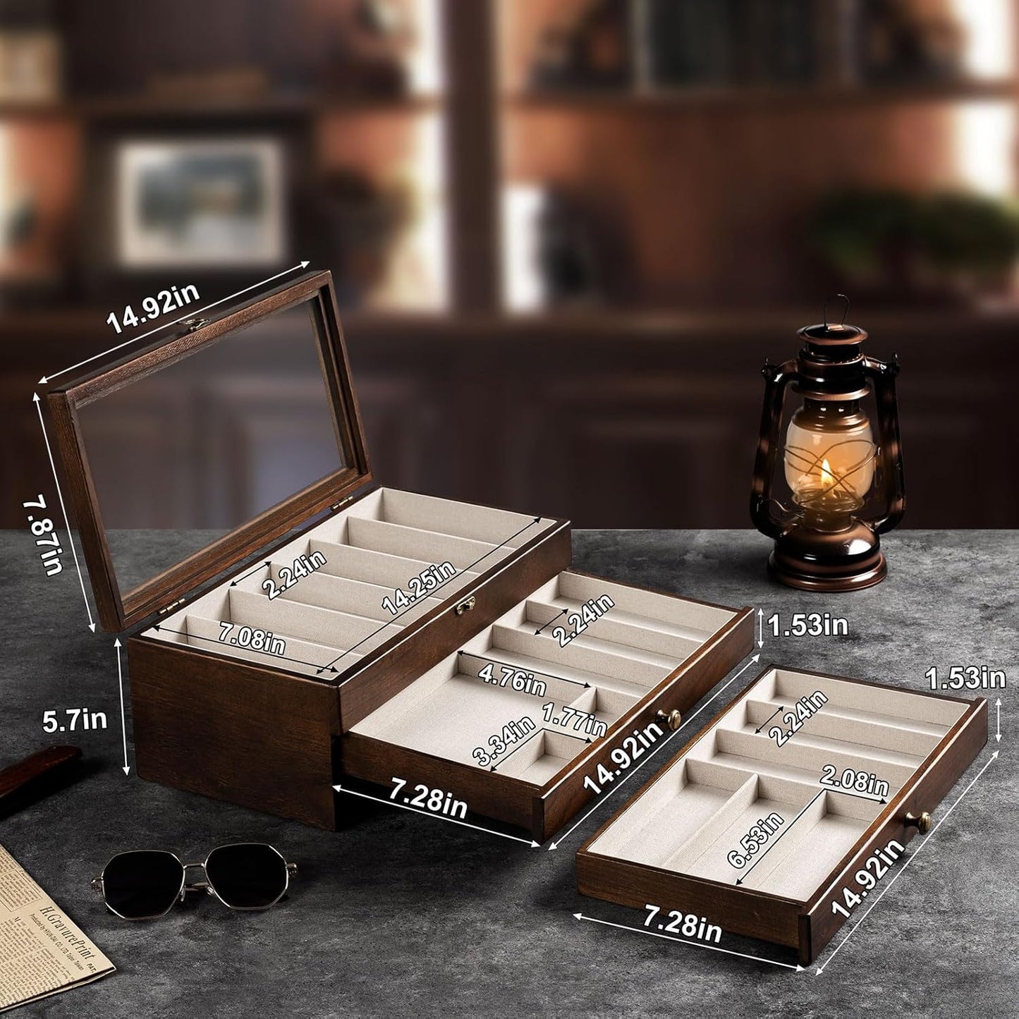 Knife Display Case, 2-Layer Pocket Knife Case Display & Storage Knives, Solid Wood Knife Case for Collections, Gift for Boyfriend Fathers Day Birthday Gifts((Walnut)