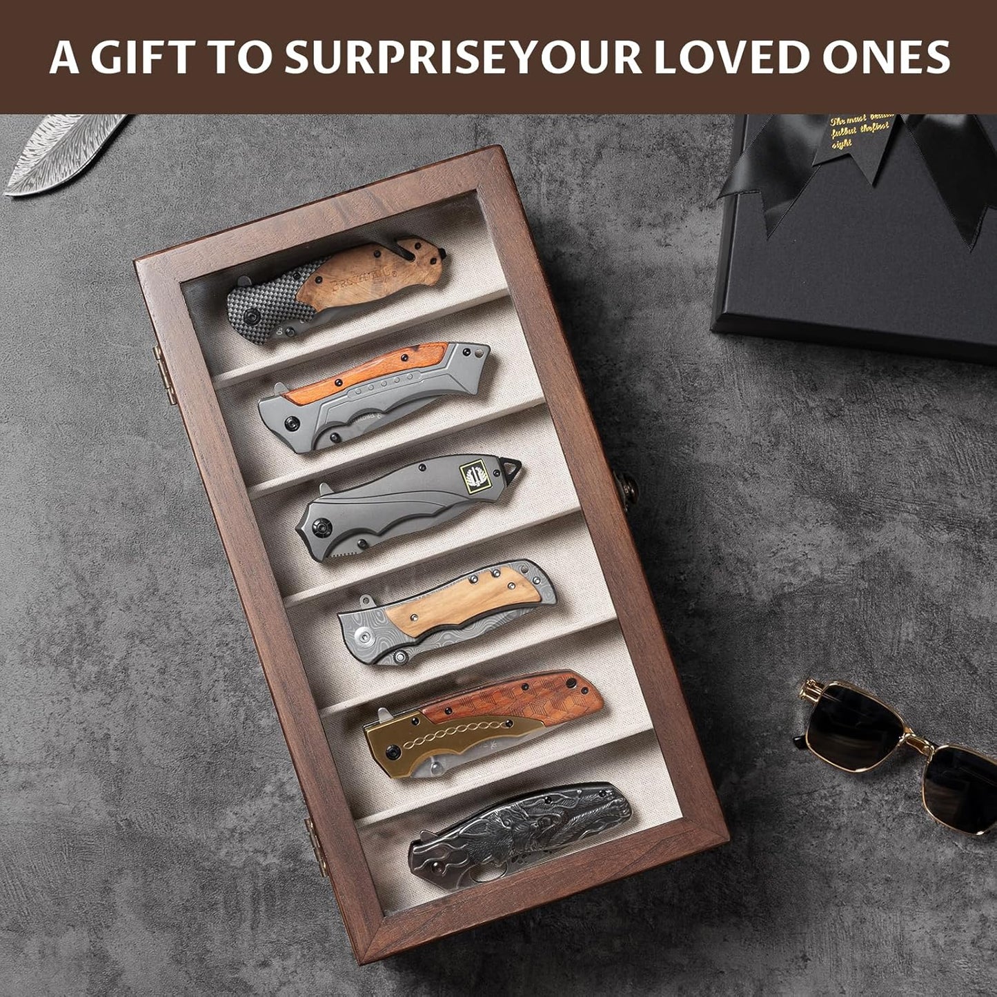 Knife Display Case, 2-Layer Pocket Knife Case Display & Storage Knives, Solid Wood Knife Case for Collections, Gift for Boyfriend Fathers Day Birthday Gifts((Walnut)