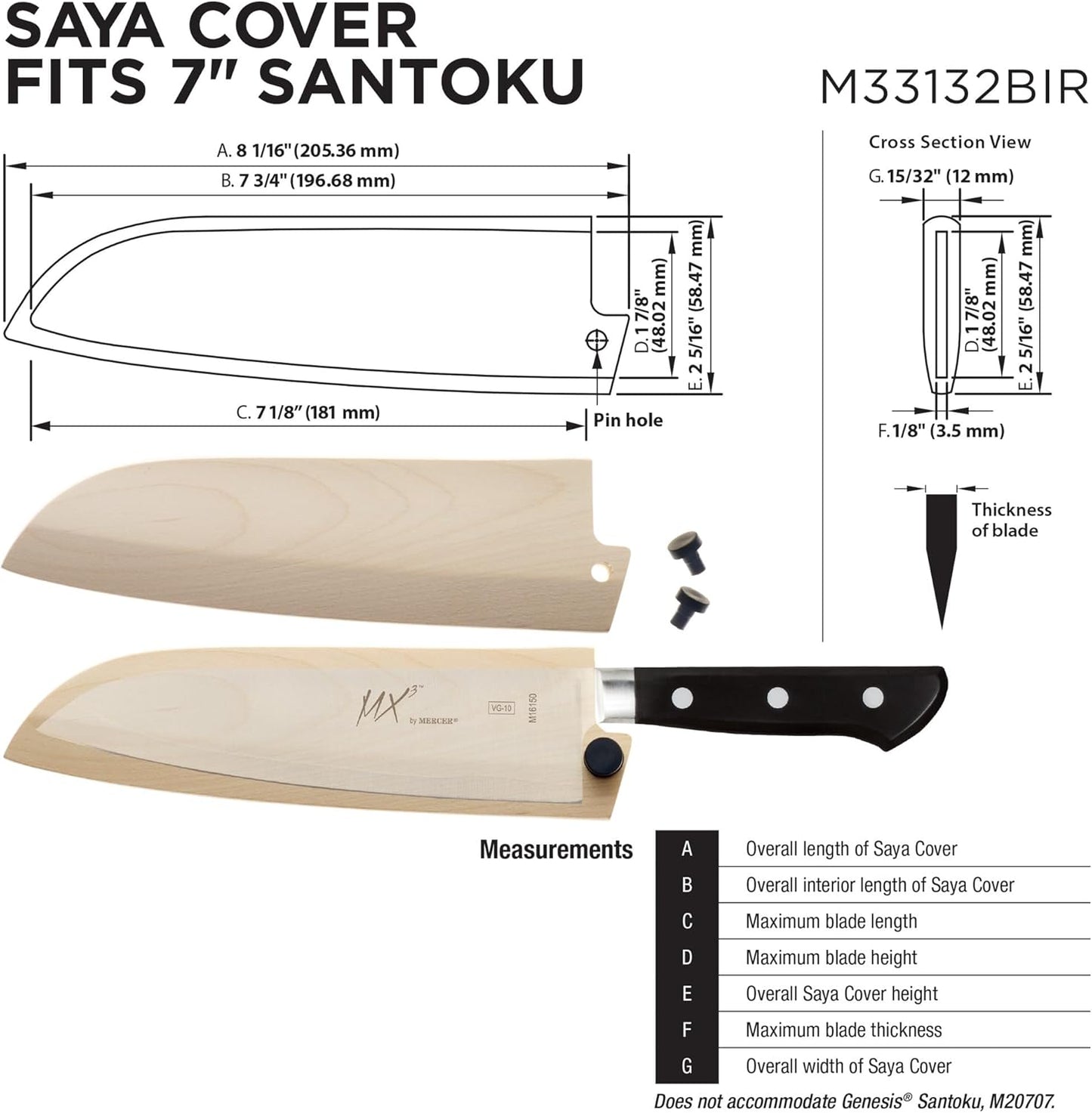Birch Wood Saya Cover Blade Protector for 7" Santoku Knives